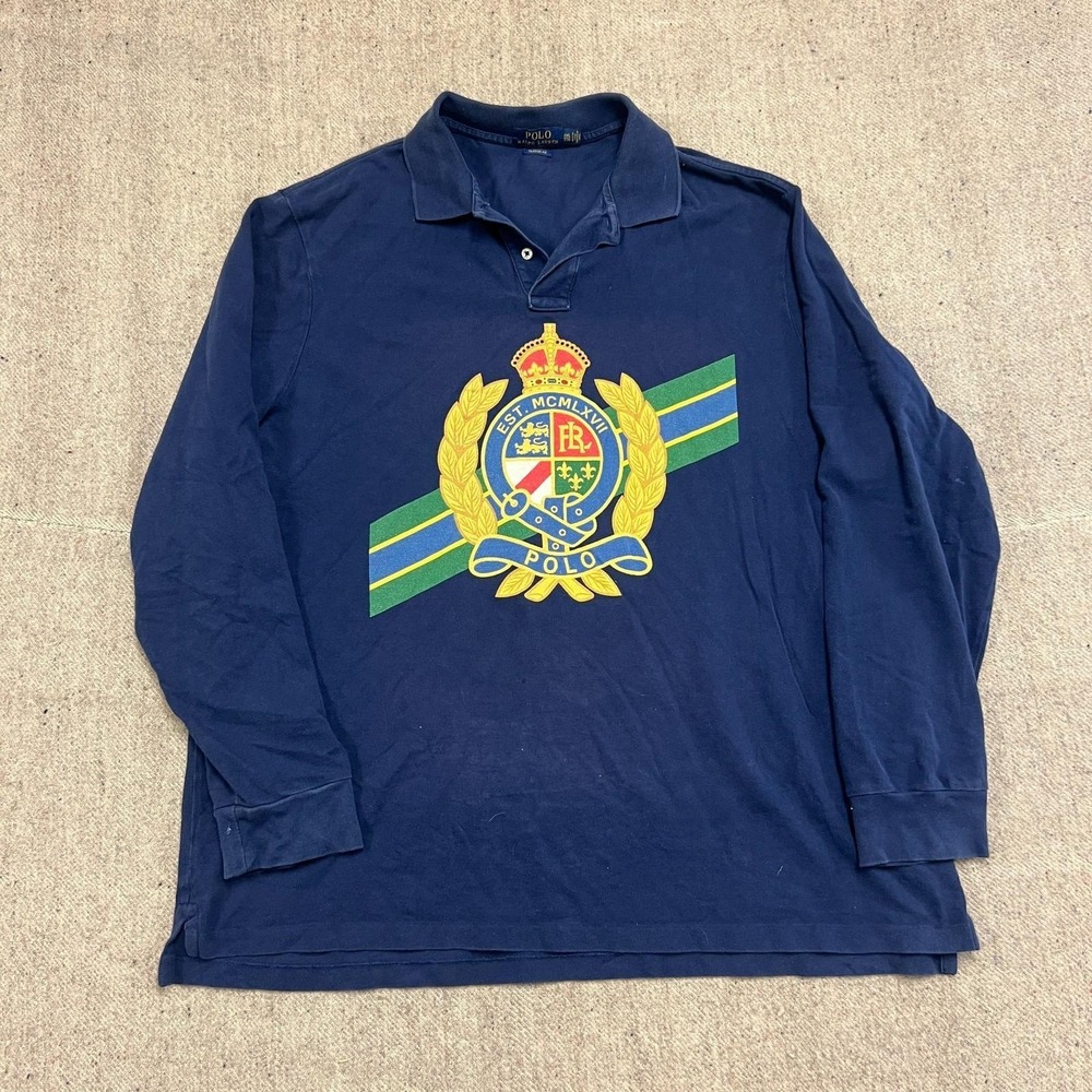 Polo Ralph Lauren Crest Polo Shirt Mens XXL Blue Long‎ Sleeve